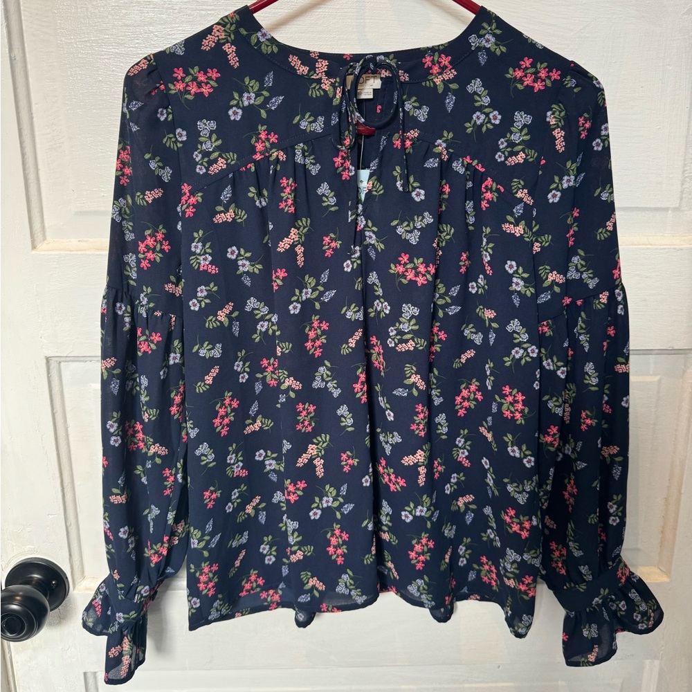 Loft XS Petite Navy Floral Tie Neck Blouse